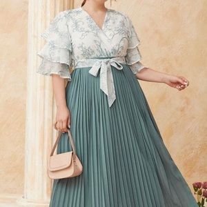 Plus embroidered floral pleated maxi dress